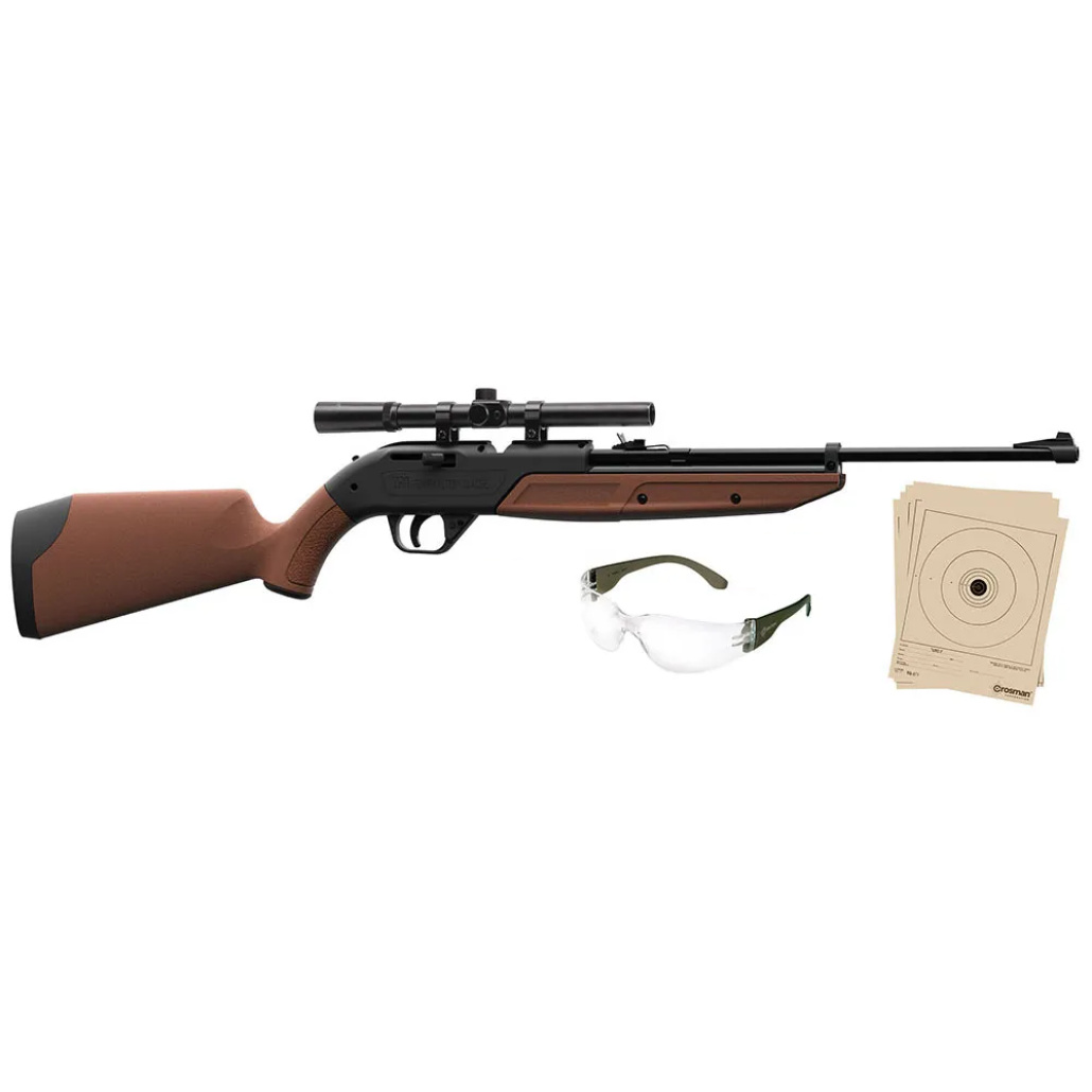 Crosman 760 pump Kit prisvärt paket som förutom geväret består av kikarsikte 4x10 Power Targetfinder, skyddsglasögon/skjutglasögon, 5 stycken måltavlor!