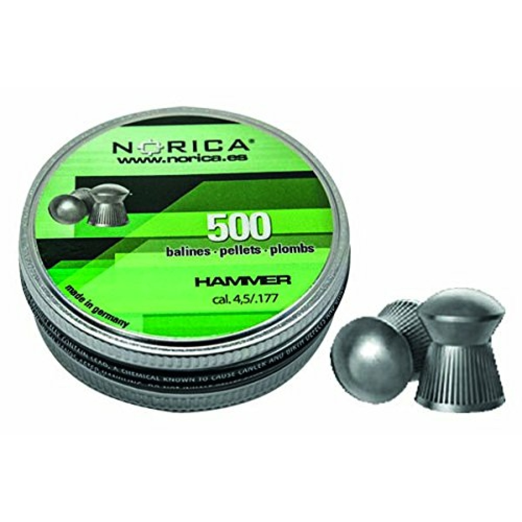 Norica Hammer .177 / 4,5mm 500/ask är en medeltung, rundnosad diabol med räfflad kjol för plinking, hobbyskytte och CO2 luftvapen på medellånga avstånd.