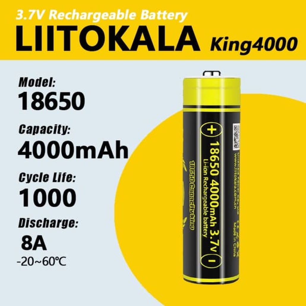 Batteri 18650 Li-ion 4000mAh 3.7V Detta batteriet har en "Knapptopp"  utstickande pluspol och är den mest vanligt förekommande modellen bland dessa. Inbyggd PCB-krets för skydd mot överladdning, djupurladdning och kortslutning.