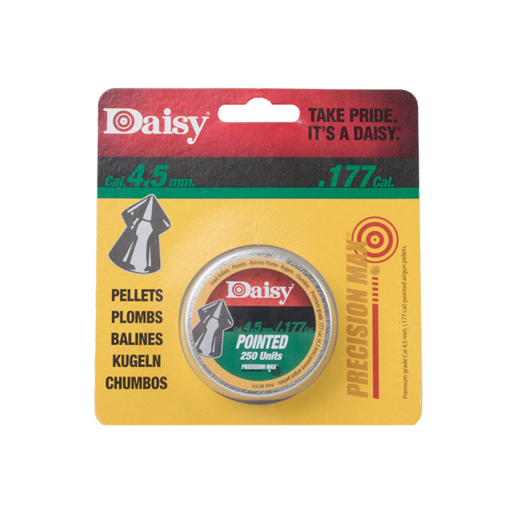 Daisy Spetskulor Kaliber 4.5mm 250st är en medeltung, exakt spetsig kula för jakt, skadedjursbekämpning, plinking, hobbyskytte på medellånga avstånd.