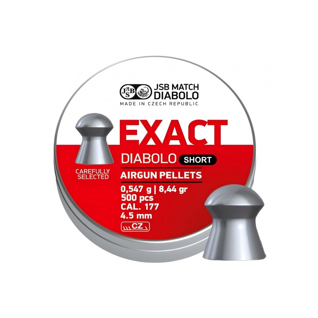 JSB Exact Short 4.52mm 500st vikt, specialdesignad form, perfekt fördelning av tyngdpunkten så är JSB Exact Short bästa valet för långdistansskytte.