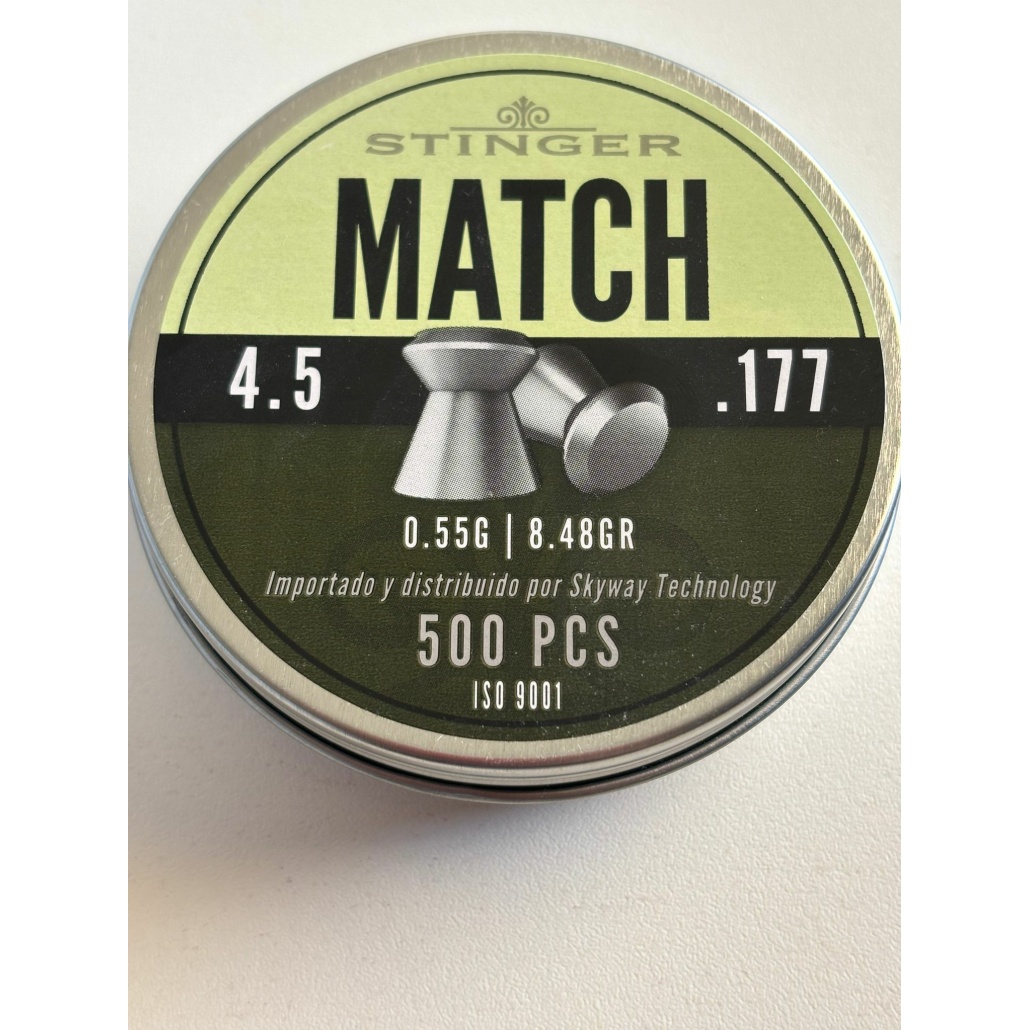 Stinger Match 4.5mm 0.55g 8.48grain 500ask prisvärd plattnosad precisions diabol väl lämpad för tavelskytte, luftpistoler och vanliga fjäder- eller PCP!