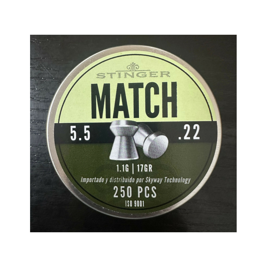 Stinger Match Diaboler 5.5mm 1.1g 250ask en prisvärd plattnosad precisions diabol väl lämpad för tavelskytte då den stansar ut fina runda hål i måltavlan, övningsskytte samt plinking på korta eller medel långa avstånd.