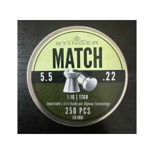 Stinger Match Diaboler 5.5mm 1.1g 250ask en prisvärd plattnosad precisions diabol väl lämpad för tavelskytte då den stansar ut fina runda hål i måltavlan, övningsskytte samt plinking på korta eller medel långa avstånd.