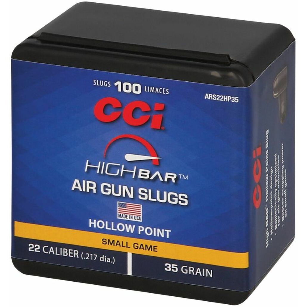 Asken för CCI High Bar Air Gun Slugs i kaliber 5,5mm (35 grain) med hålspetsdesign (HP), innehållande 100 stycken luftgevärskulor.