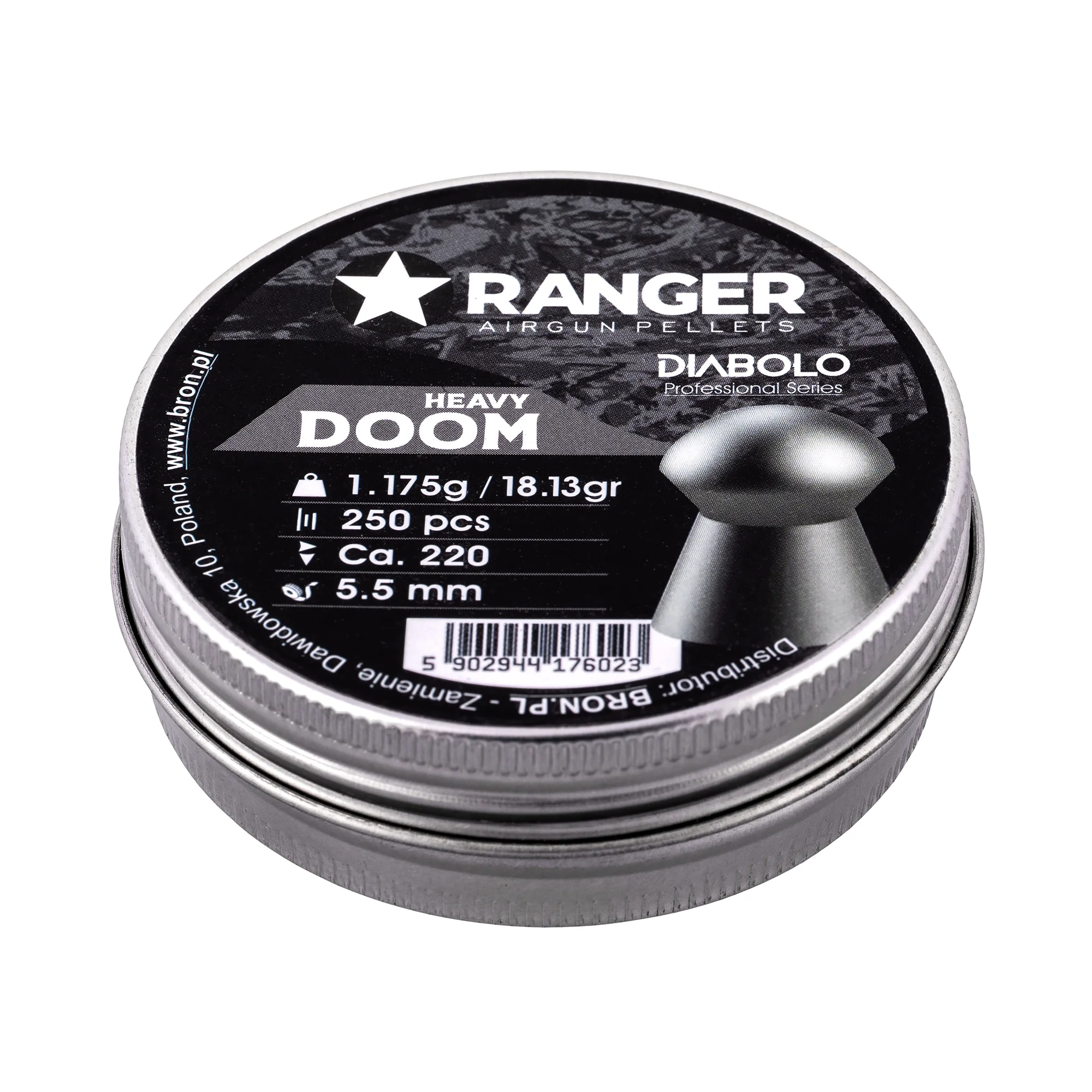 Ranger Heavy Doom 5.5mm .22 Professional en rundnosad kula, designade för användare som kräver maximal energieffektivitet på korta och medellånga avstånd. Idealisk för fritids- och träningsskytte med kraftfulla PCP- eller fjäderdrivna luftgevär.