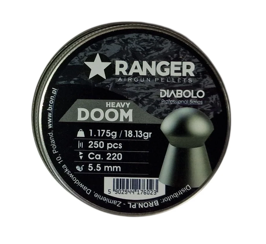 Ranger Heavy Doom 5.5mm .22 Professional en rundnosad kula, designade för användare som kräver maximal energieffektivitet på korta och medellånga avstånd. Idealisk för fritids- och träningsskytte med kraftfulla PCP- eller fjäderdrivna luftgevär.