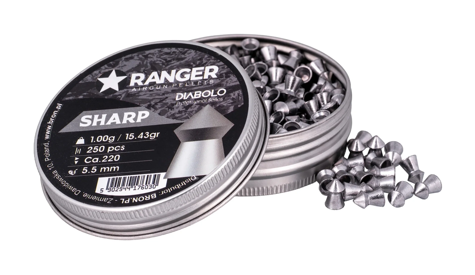 Ranger Sharp 5.5mm .22 1.0g 15.43grain Professional Series är en spetsnosad diabol kula med slät kjol. Den spetsnosiga konstruktionen ger utmärkta aerodynamiska fördelar samt även hög penetration, för kort till medellångt skytte.