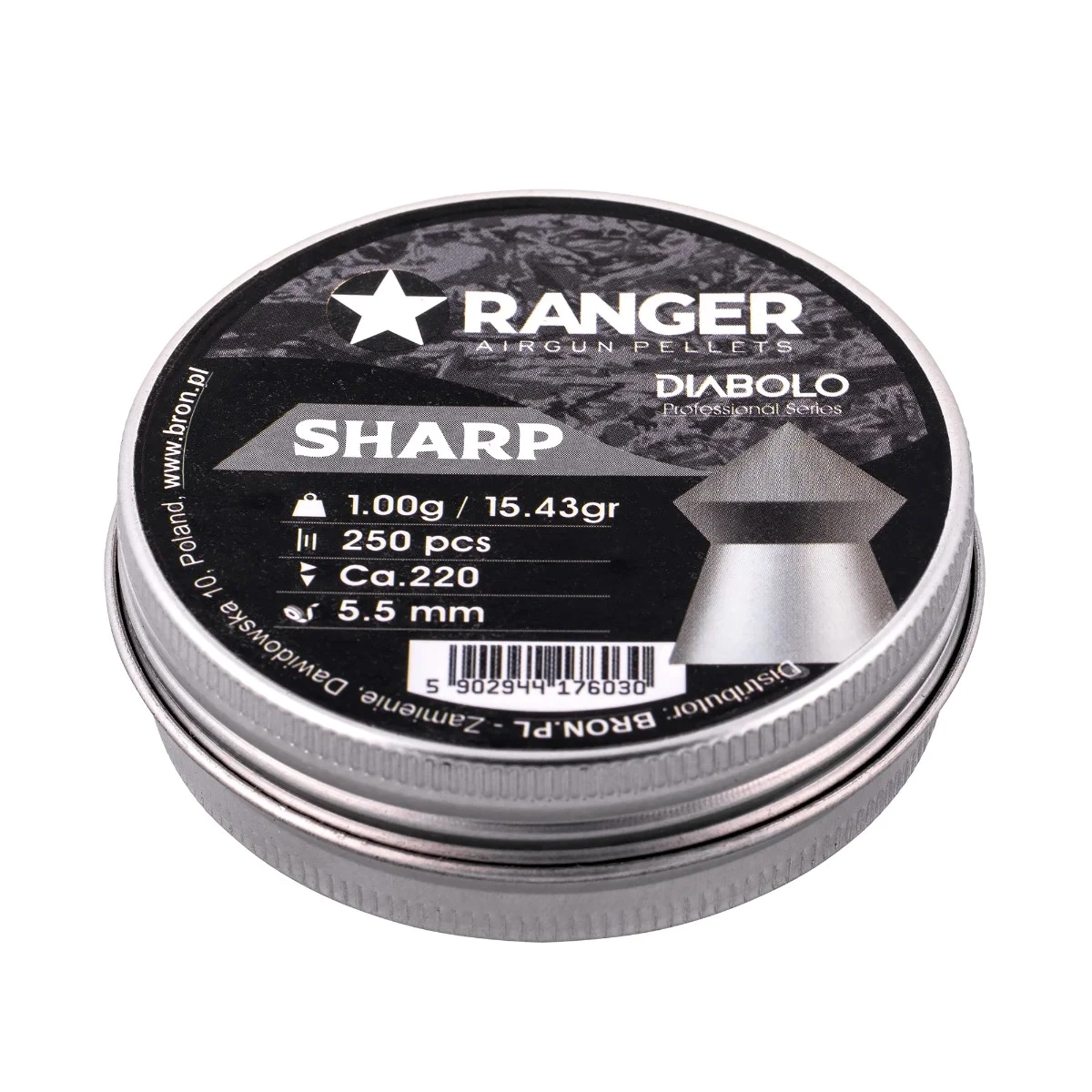 Ranger Sharp 5.5mm .22 1.0g 15.43grain Professional Series är en spetsnosad diabol kula med slät kjol. Den spetsnosiga konstruktionen ger utmärkta aerodynamiska fördelar samt även hög penetration, för kort till medellångt skytte.