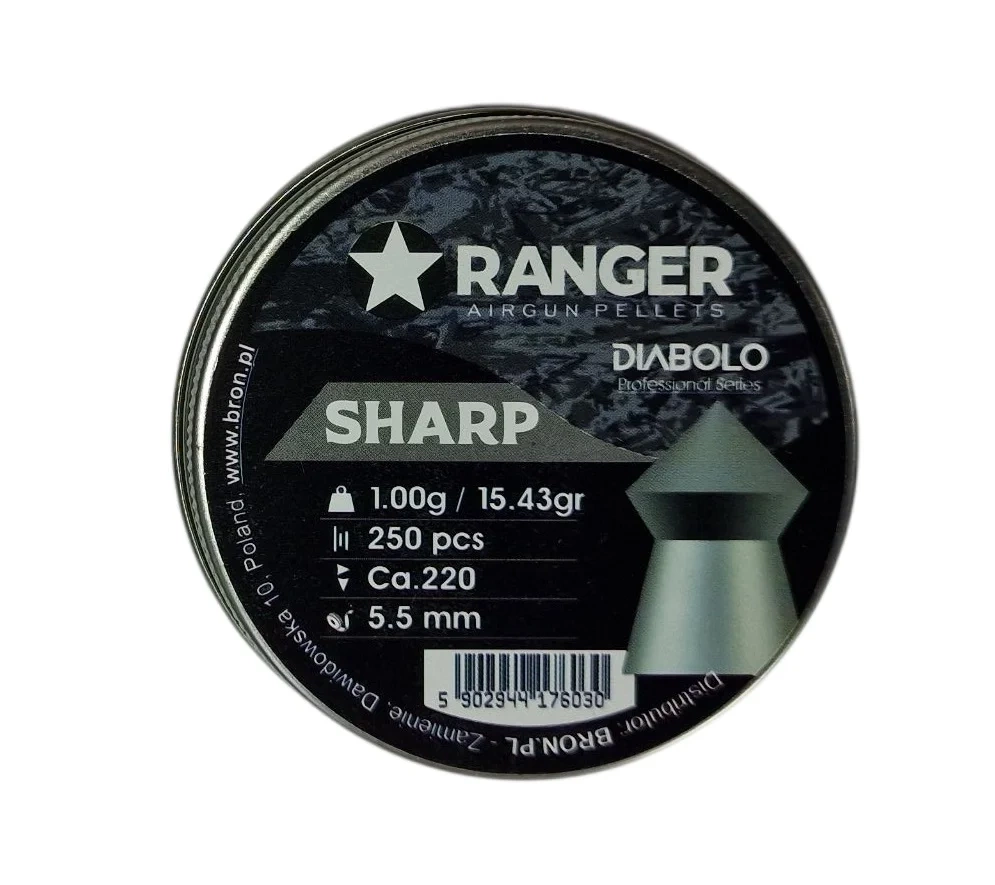 Ranger Sharp 5.5mm .22 1.0g 15.43grain Professional Series är en spetsnosad diabol kula med slät kjol. Den spetsnosiga konstruktionen ger utmärkta aerodynamiska fördelar samt även hög penetration, för kort till medellångt skytte.