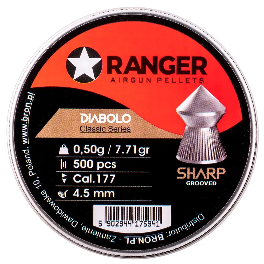 Ranger Spetsdiabol 4.5mm .177 0.50g 7.71grain Classic Series, spetsnosad diabol kula med räffling på kjolen. Den spetsnosiga konstruktionen ger utmärkta aerodynamiska fördelar samt även hög penetration, för kort till medellångt skytte.