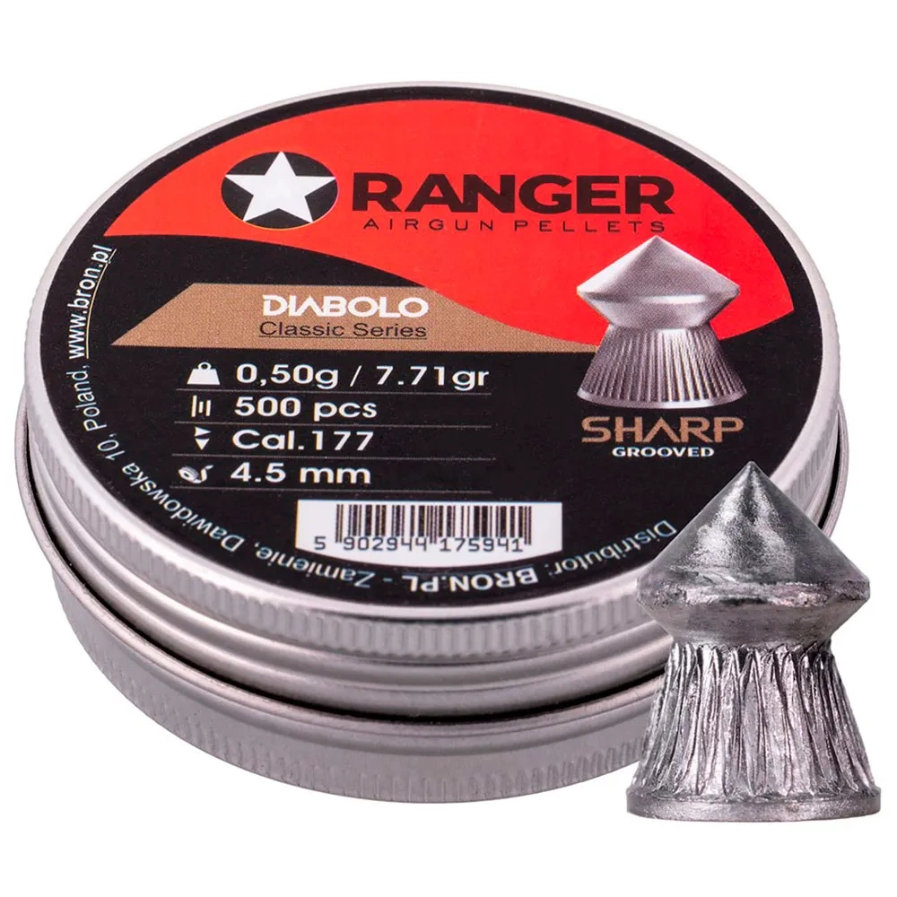 Ranger Spetsdiabol 4.5mm .177 0.50g 7.71grain Classic Series, spetsnosad diabol kula med räffling på kjolen. Den spetsnosiga konstruktionen ger utmärkta aerodynamiska fördelar samt även hög penetration, för kort till medellångt skytte.