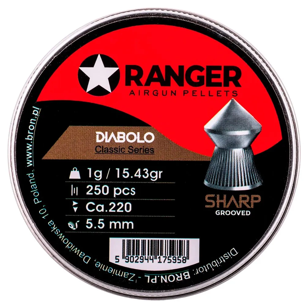 Ranger Spetsdiabol 5.5mm .22 1.0g 15.43grain Classic Series, spetsnosad diabol kula med räffling på kjolen.Den spetsnosiga konstruktionen ger utmärkta aerodynamiska fördelar samt även hög penetration, för kort till medellångt skytte.