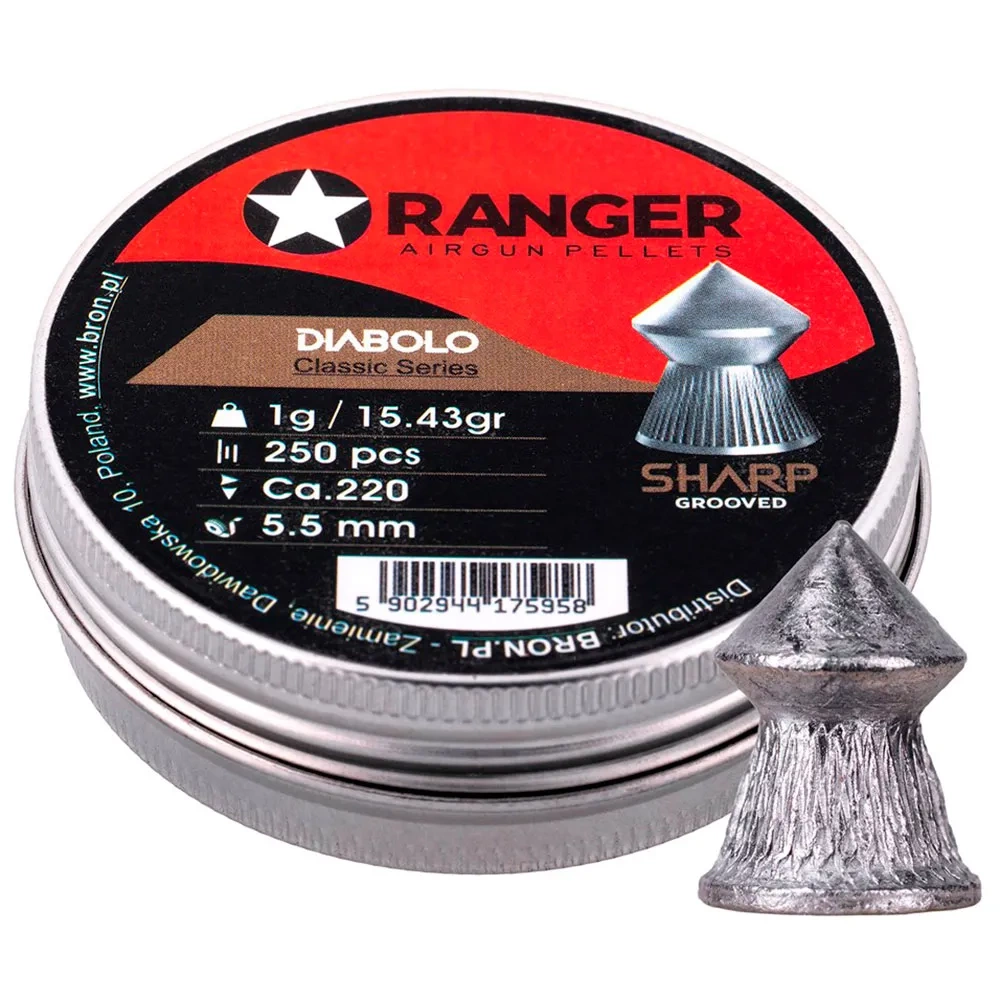 Ranger Spetsdiabol 5.5mm .22 1.0g 15.43grain Classic Series, spetsnosad diabol kula med räffling på kjolen.Den spetsnosiga konstruktionen ger utmärkta aerodynamiska fördelar samt även hög penetration, för kort till medellångt skytte.