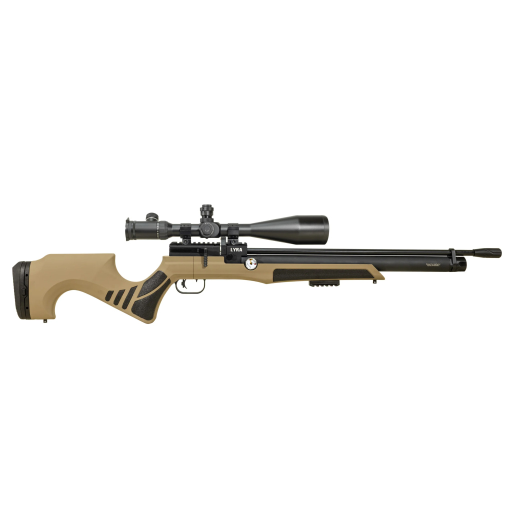 Reximex Lyra S FDE PCP 5.5mm .22 har löstagbara magasin* och med den inbyggda lufttuben kan man skjuta över 100 skott innan man måste pumpa upp trycket.