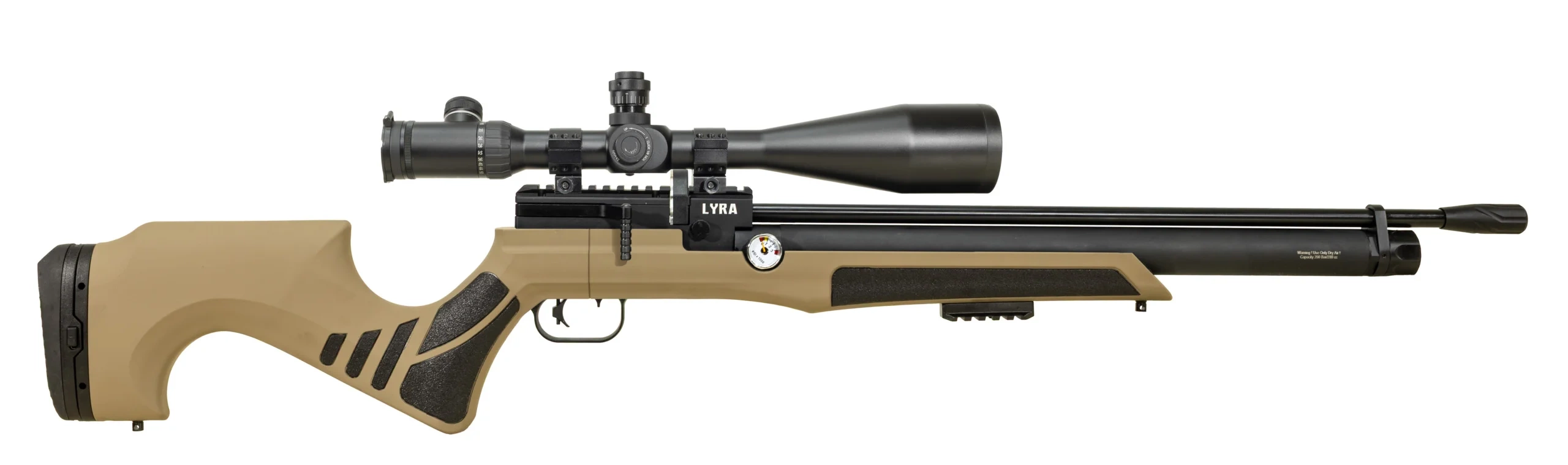 Reximex Lyra S FDE PCP 5.5mm .22 har löstagbara magasin* och med den inbyggda lufttuben kan man skjuta över 100 skott innan man måste pumpa upp trycket.