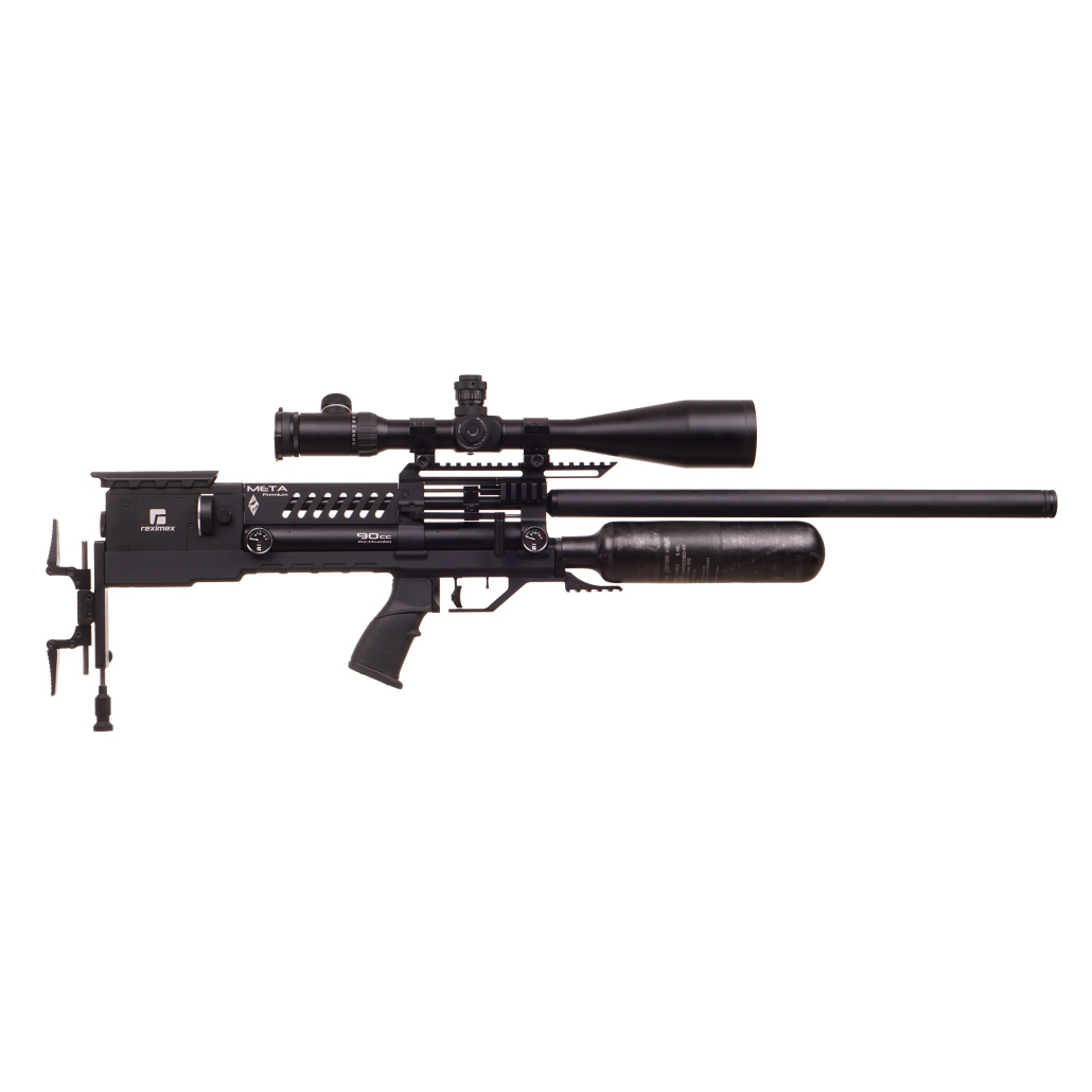 Reximex Meta Premium PCP 5.5mm Carbon Bullpup gevär ett extremt kompakt luftgevär som sticker ut i mängden av övriga luftvapen, smidigt fartreglage för justering av kraft. Regulator, kolfibertub, integrerad ljuddämpare är några av de finesser du finner på detta geväret! 