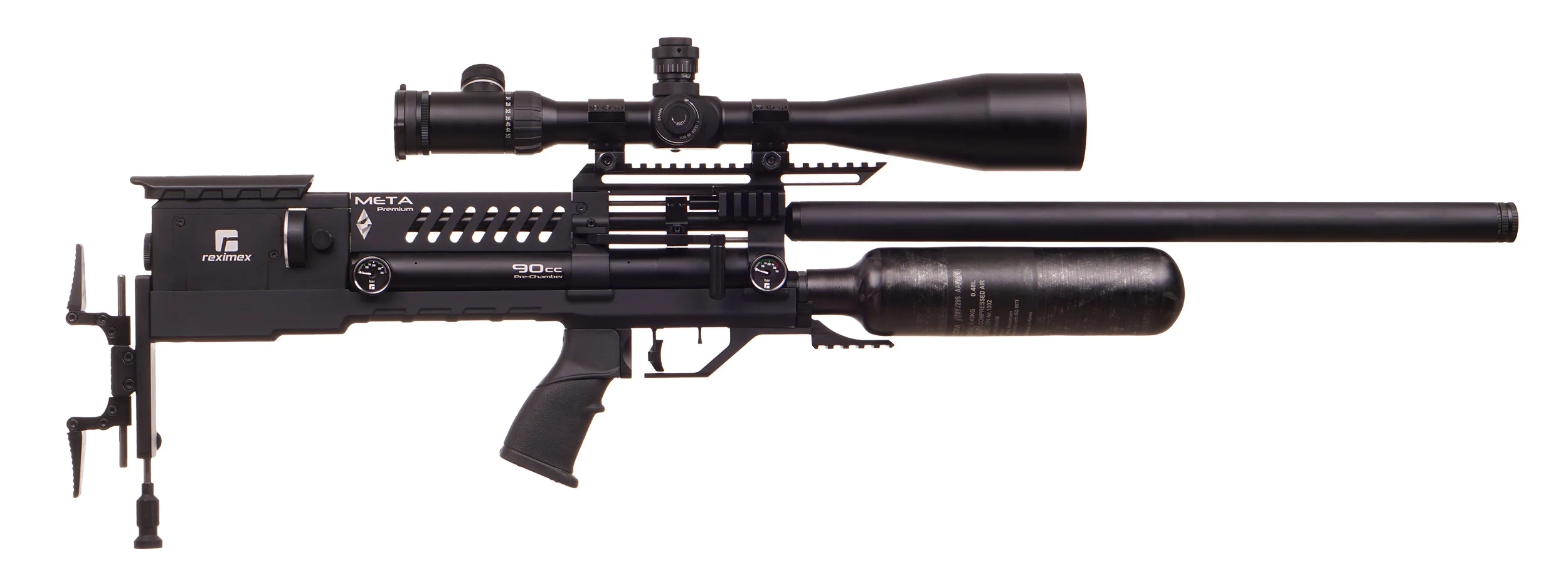 Reximex Meta Premium PCP 5.5mm Carbon Bullpup gevär ett extremt kompakt luftgevär som sticker ut i mängden av övriga luftvapen, smidigt fartreglage för justering av kraft. Regulator, kolfibertub, integrerad ljuddämpare är några av de finesser du finner på detta geväret!