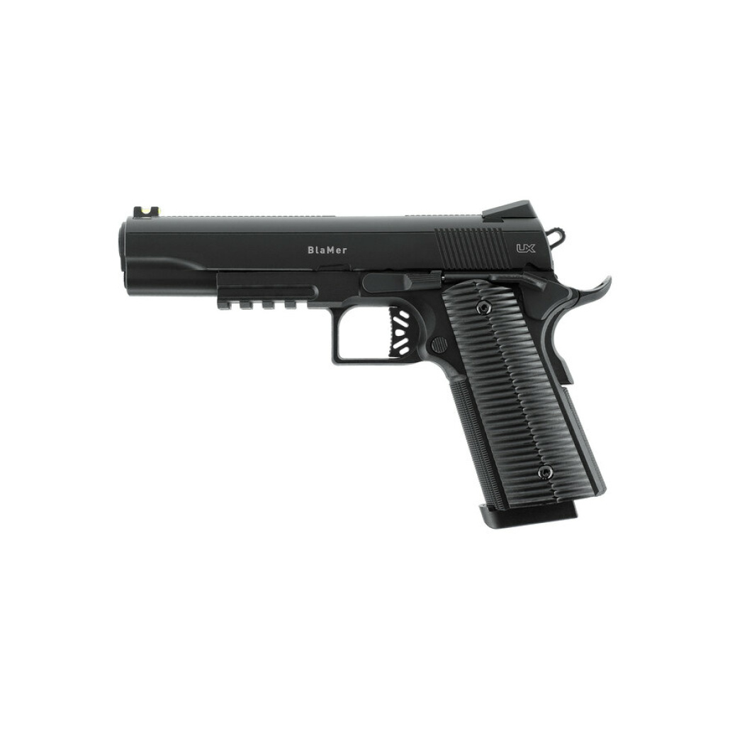UX BlaMer GBB CO2 4.5mm BB klassisk 1911-design Modellen kombinerar historiskt inspirerade linjer med modern blowback, fiberoptiskt korn och Picatinnyskena. Magasin med kapacitet för 16 stålrundkulor. Den rörliga manteln skapar en tydlig rekylkänsla